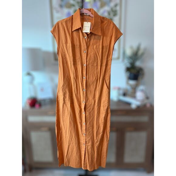 Grae Cove Blair Linen Button-Front Cap Sleeve Maxi Dress Orange Womens Sze Small - Picture 2 of 11